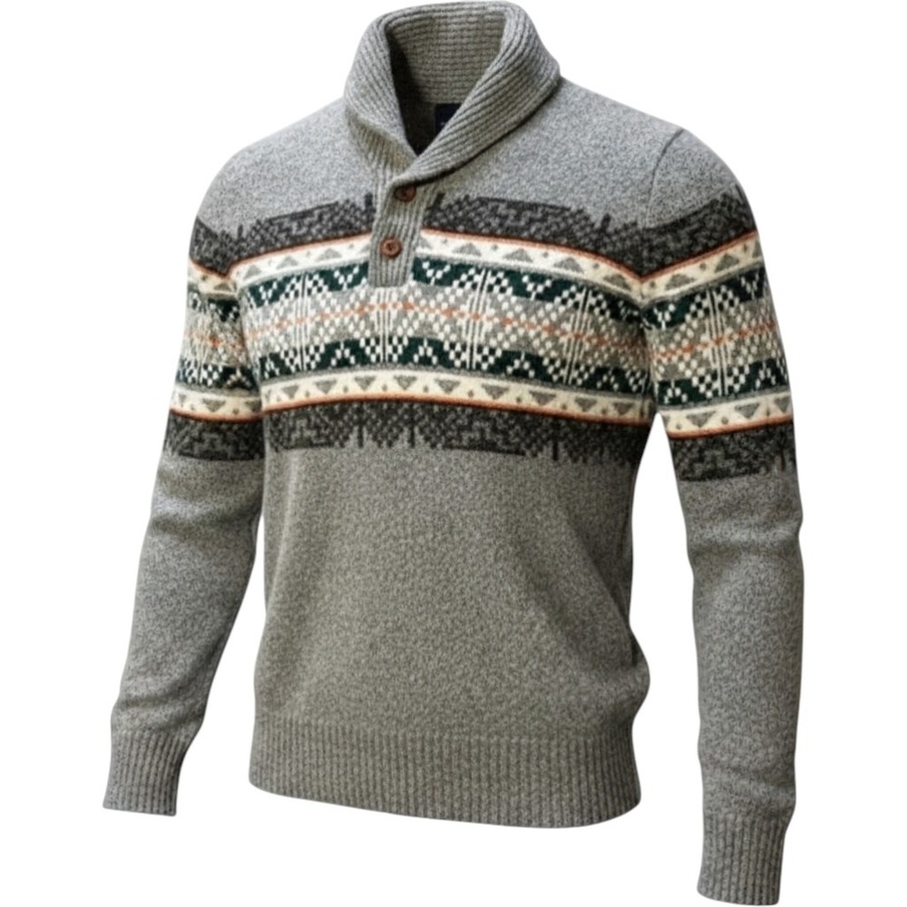 American Eagle Mens‎ Grey Fair Isle Shawl Collar Pullover Sweater L Cotton Wool
